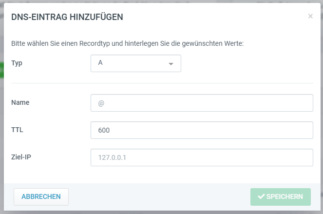 Web & Mail Control Panel - DNS-Eintrag hinzufügen