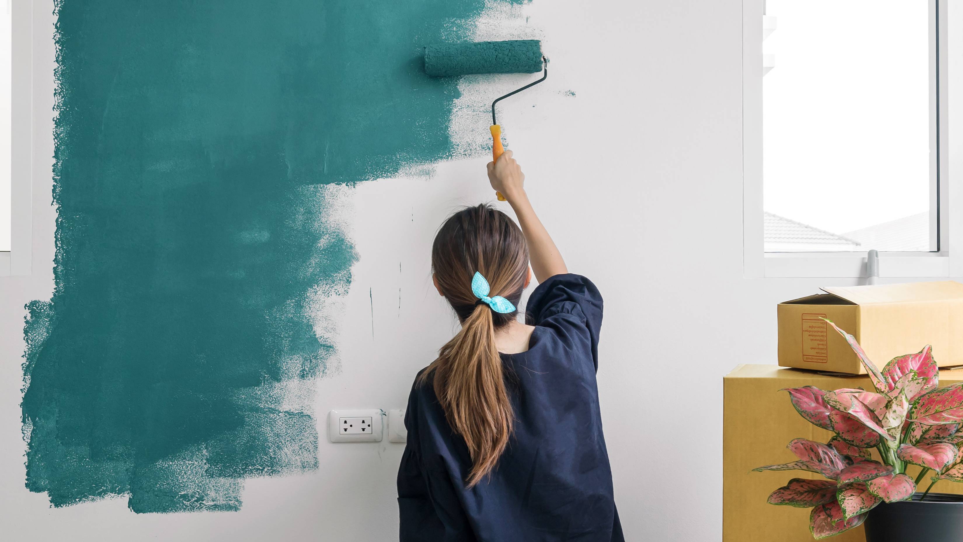 Frau beim Umzug streicht eine Wand in Green Farben