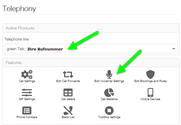 Telephony / Ihre Rufnummer / Edit Voicemail Settings