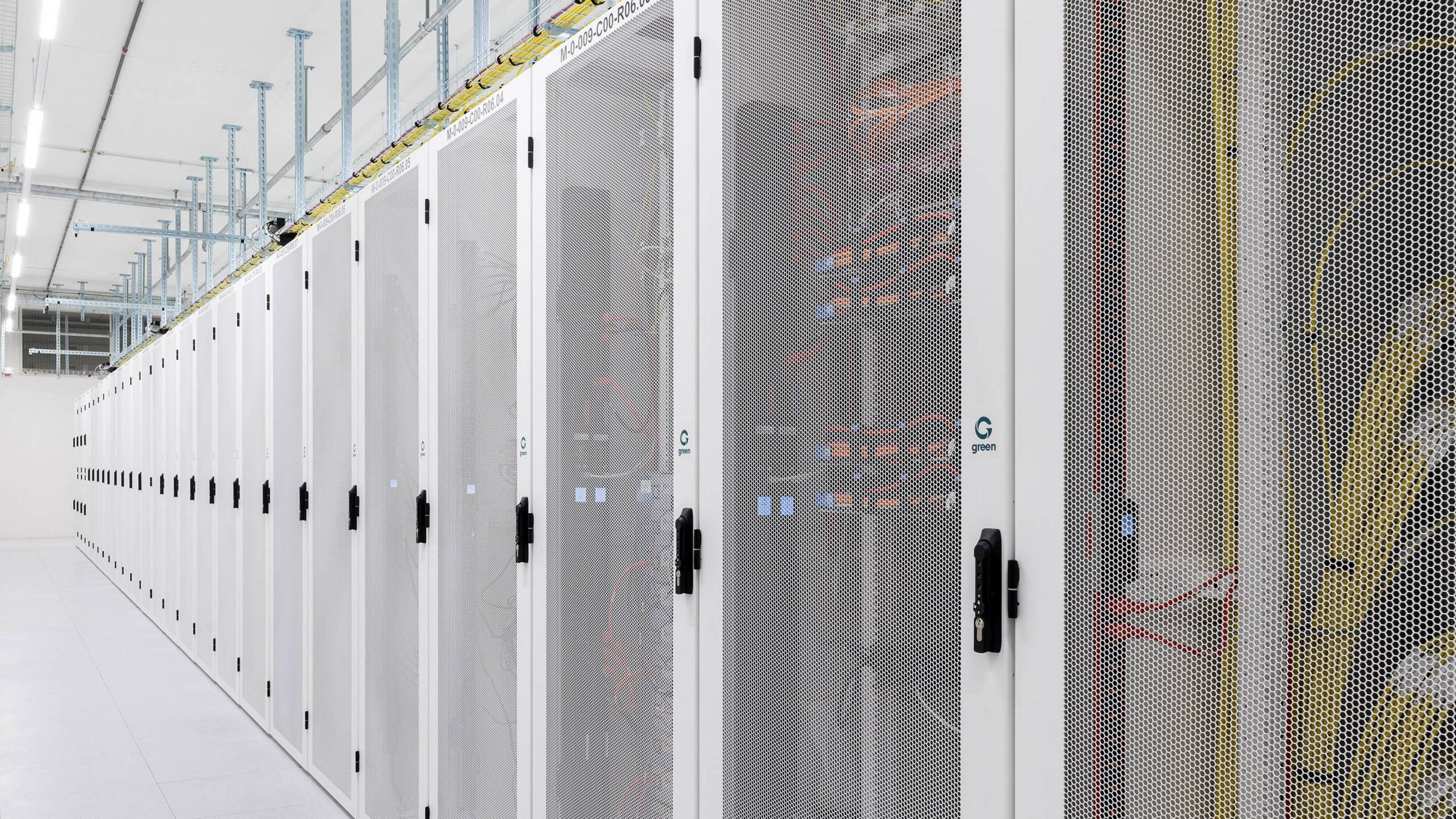 Green data center aisle with racks