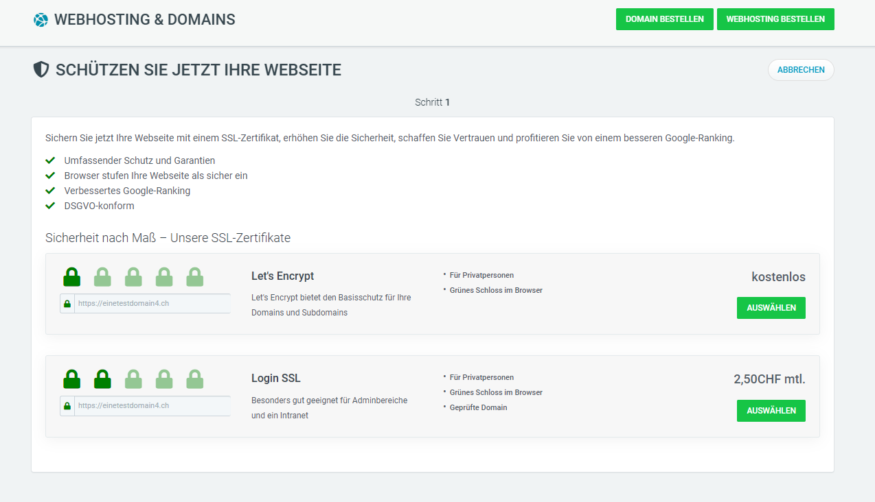 Web & Mail Control Panel - SSL-Zertifikat Bestellung