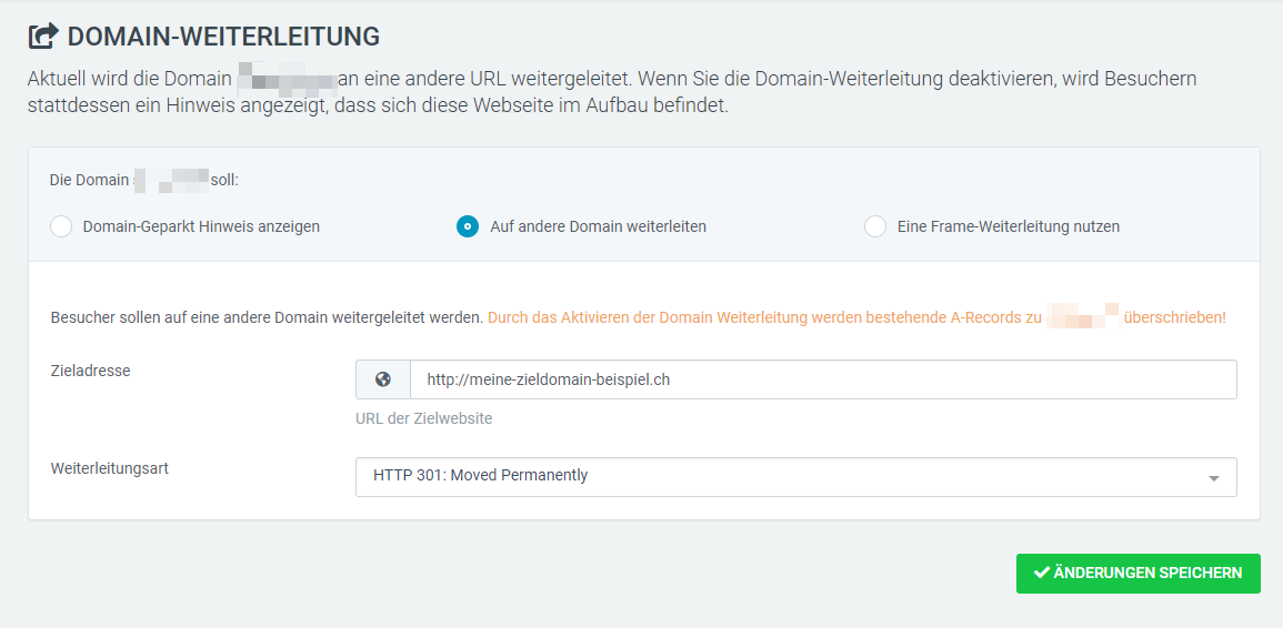 Web & Mail Control Panel - DNS-Verwaltung - Domain-Weiterleitung