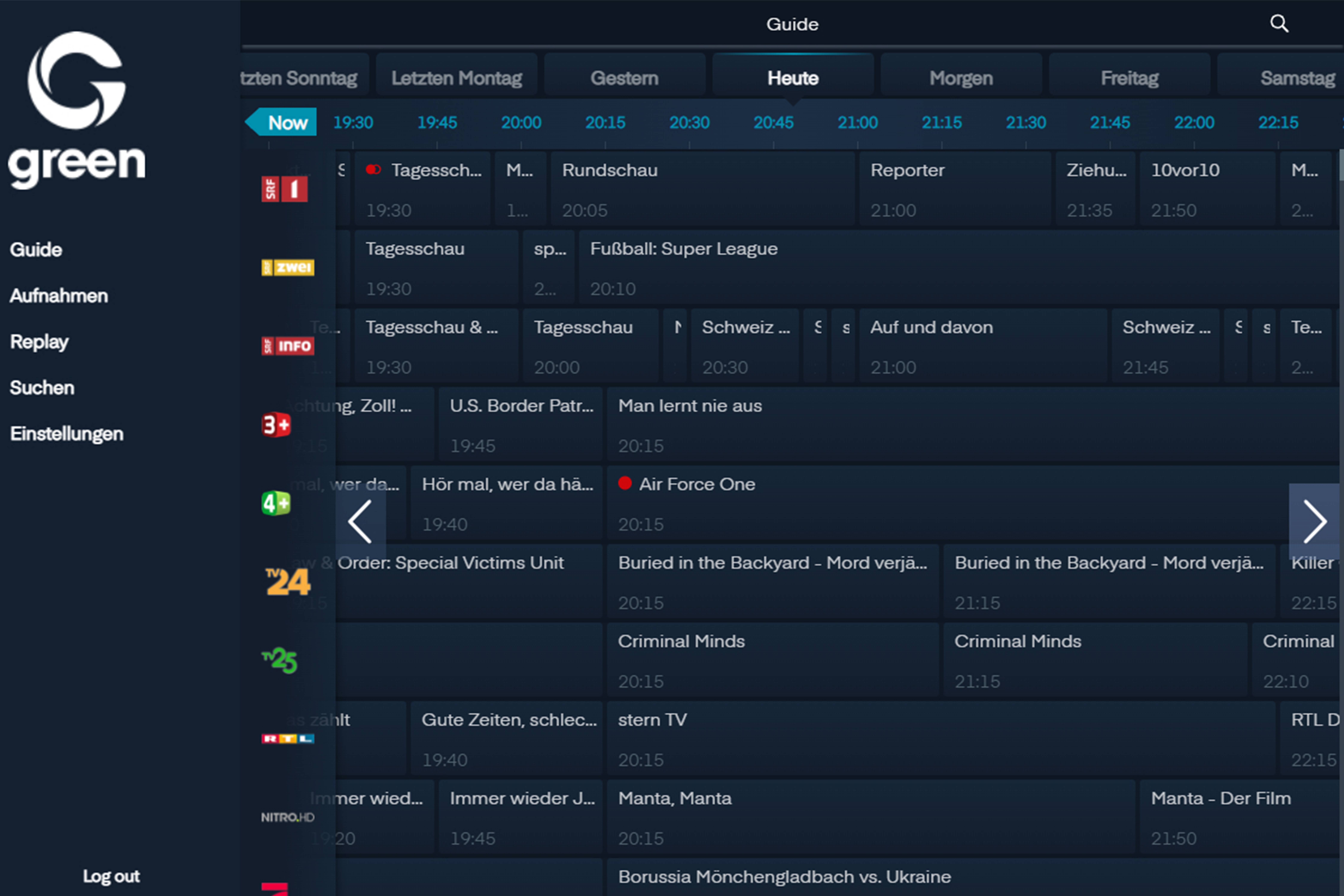 Screenshot mit dem übersichtlichen Programmguide von Green TV Abo