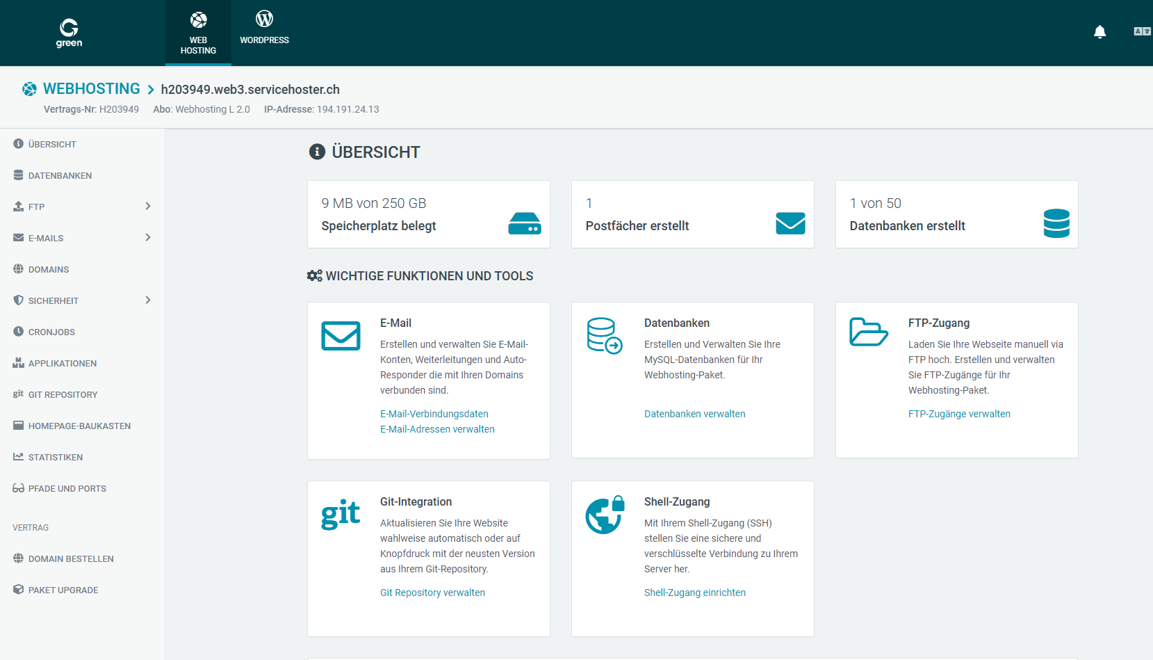 Web & Mail Control Panel - Benutzeroberfläche