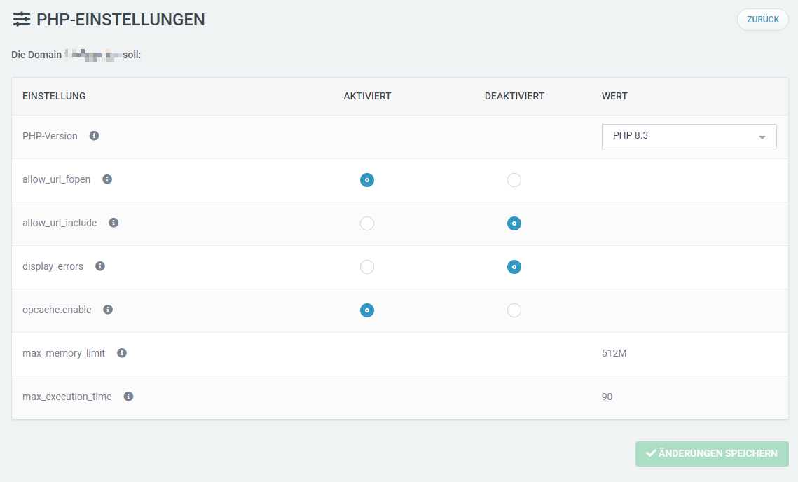 Web & Mail Control Panel - Domains - PHP-Einstellungen