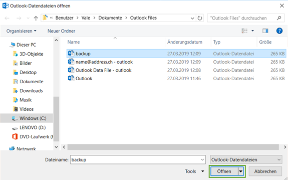 Outlook-Datendatei öffnen