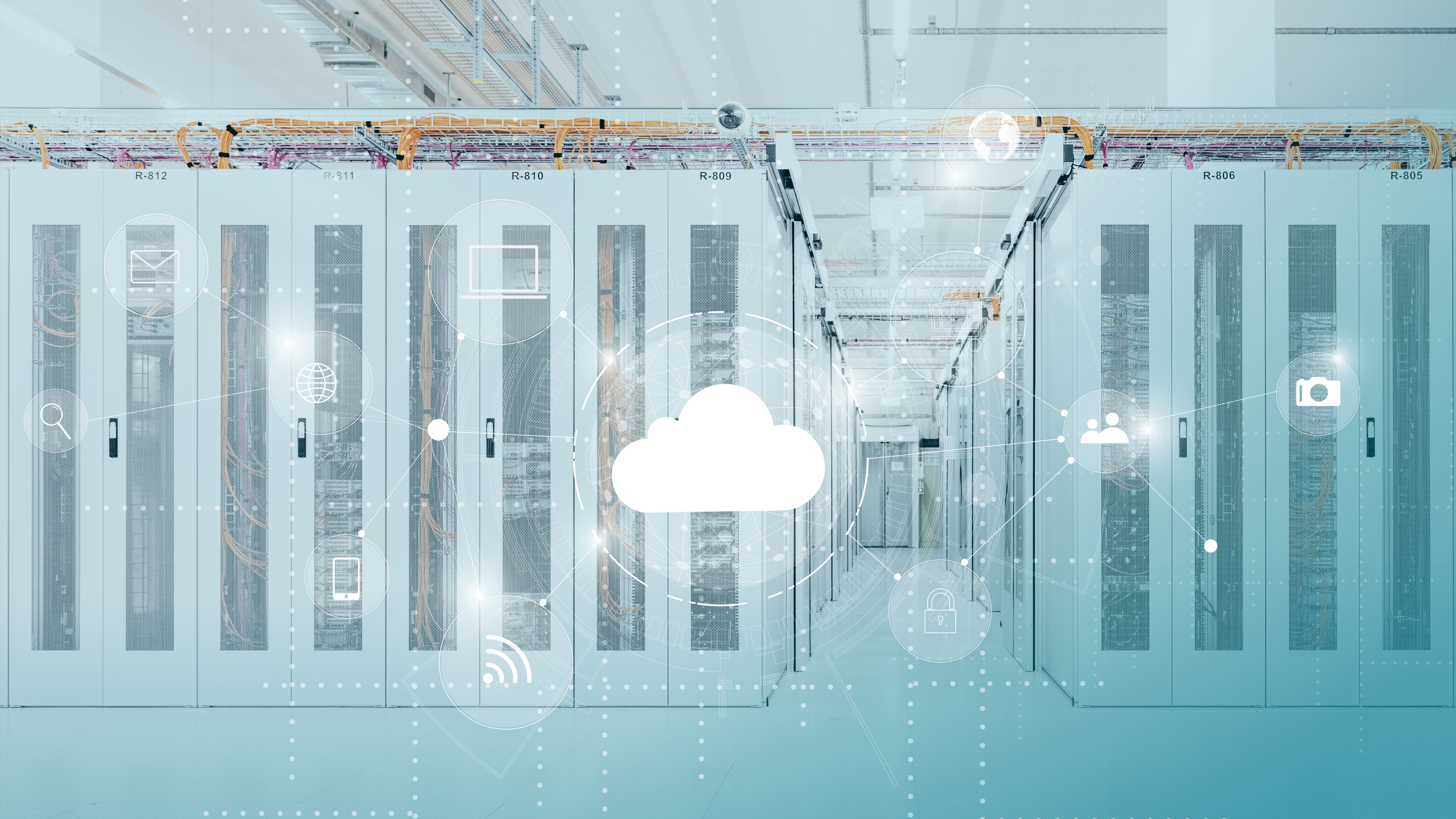 Cold aisle in a Green Datacenter server room with cloud visualization