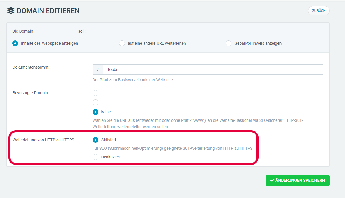 Web & Mail Control Panel - Domain Editieren