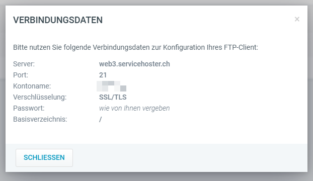 Web & Mail Control Panel - FTP - Verbindungsdaten