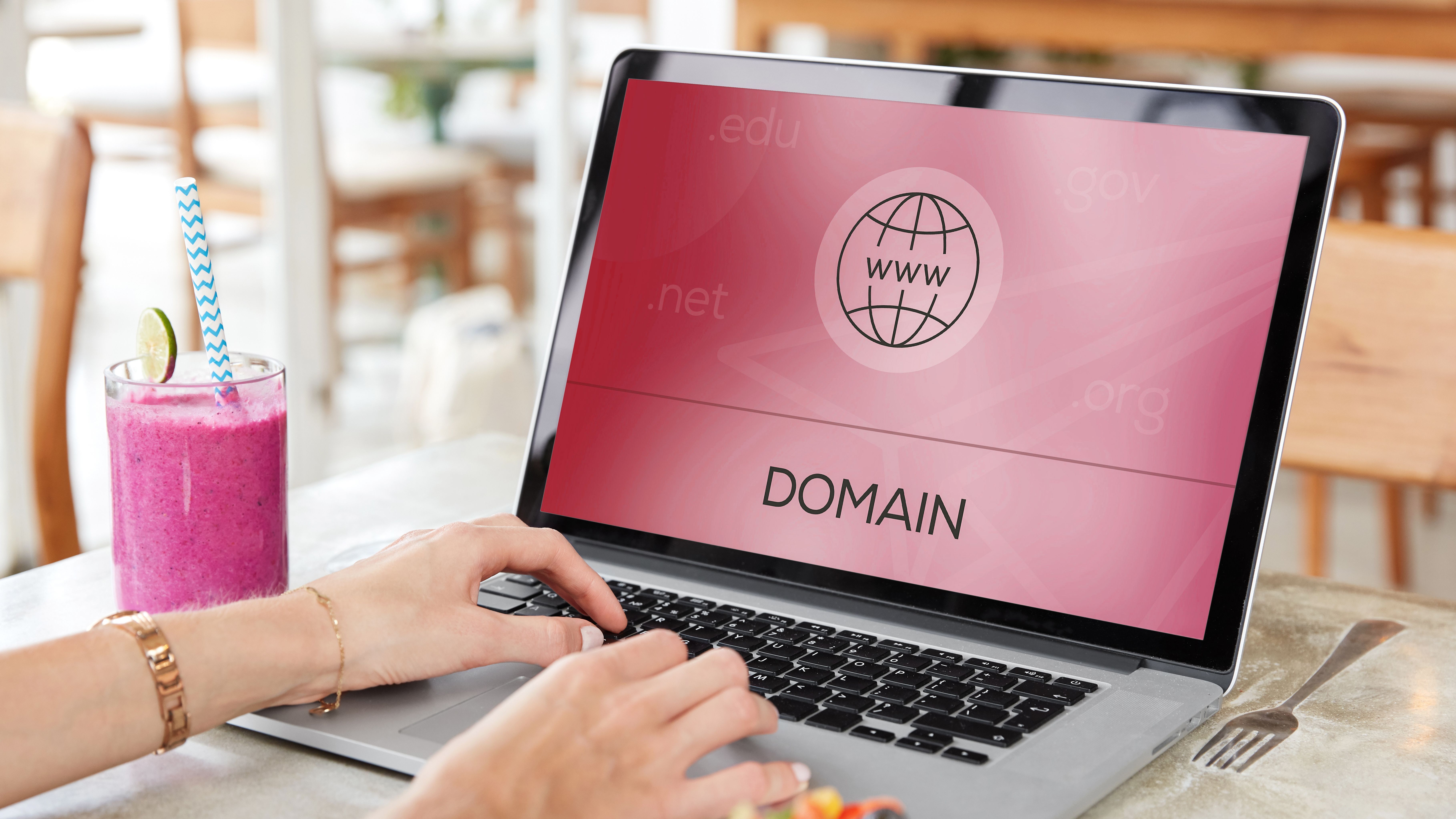 Frau sucht Domain für Website an Laptop