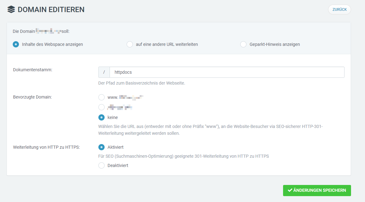 Web & Mail Control Panel - Domain Editieren