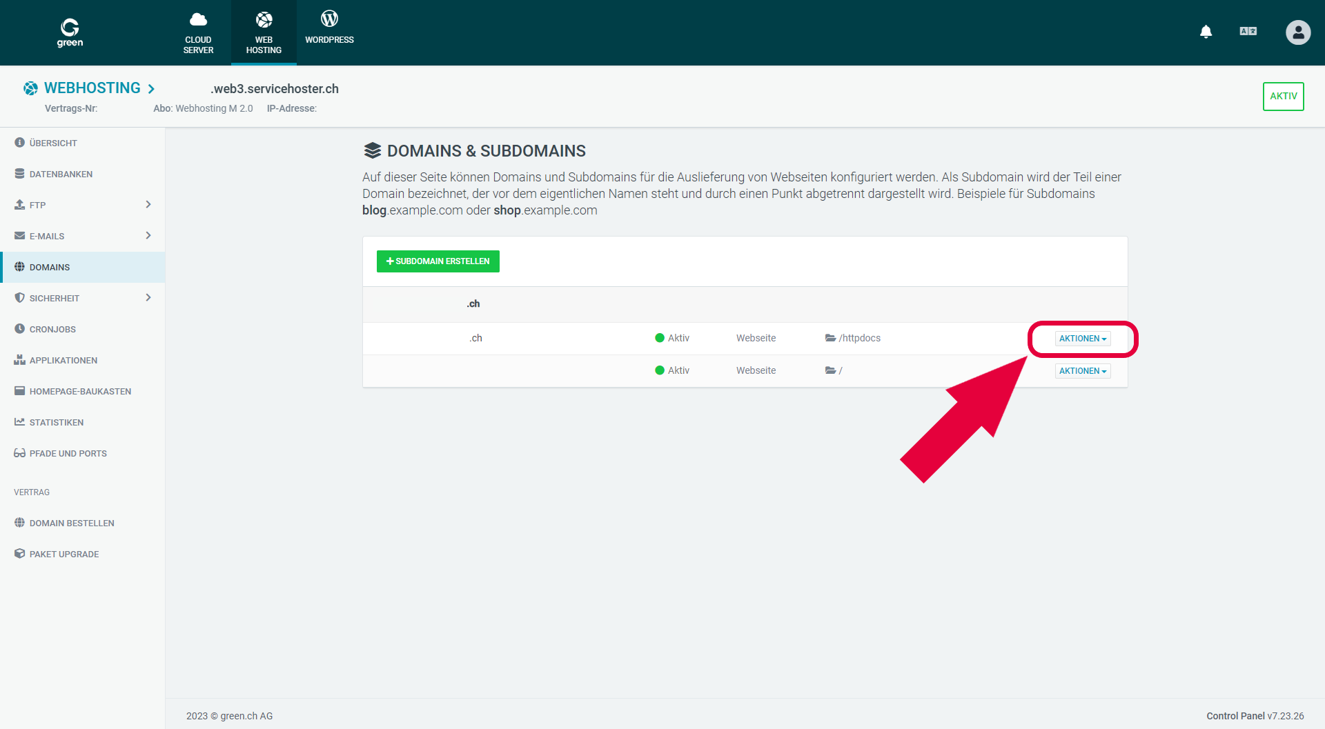 Web & Mail Control Panel - Domains - Button Aktionen auswählen