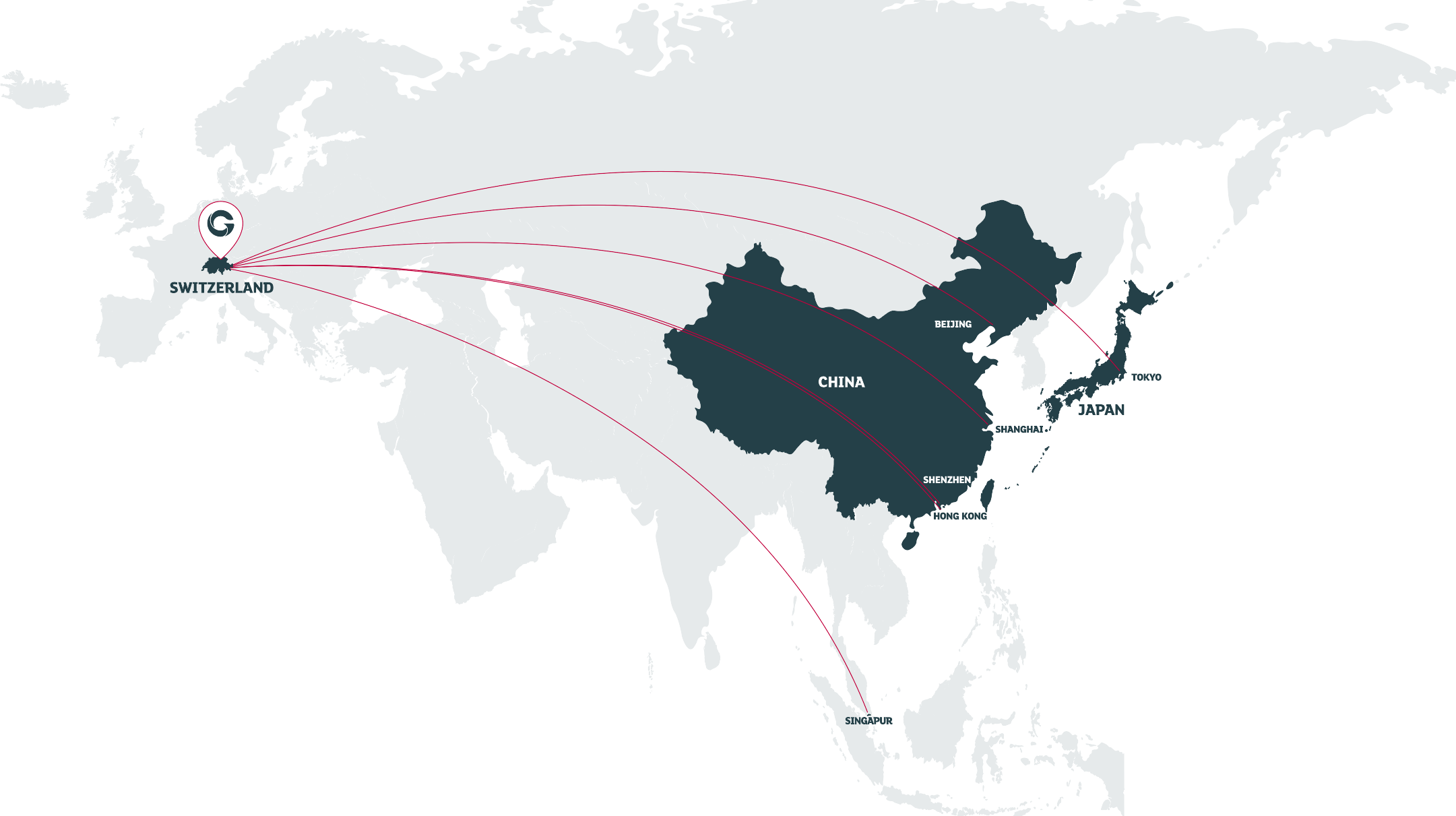 Weltkarte Schweiz nach Asien